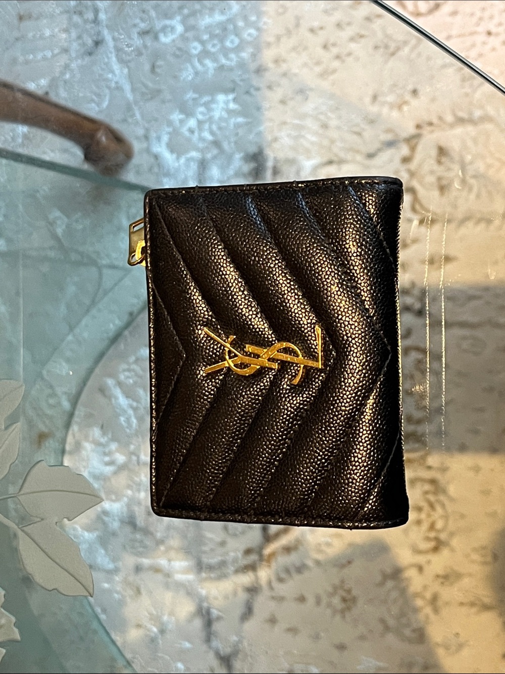 Saint Laurent Black Quilted Leather Mini Wallet with Gold YSL Emblem